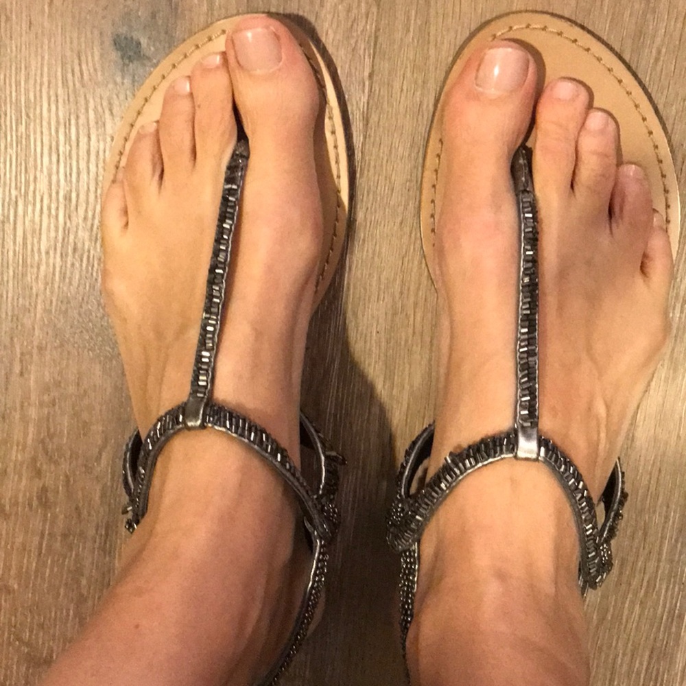 Guess sandal with pewter sparkly straps